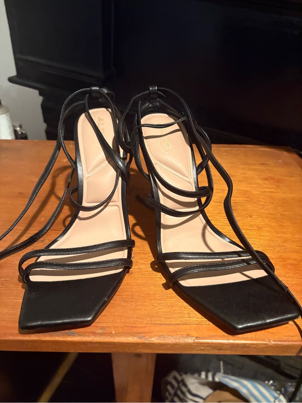 Aldo Black Strappy Square-Toe Lace-Up Heels